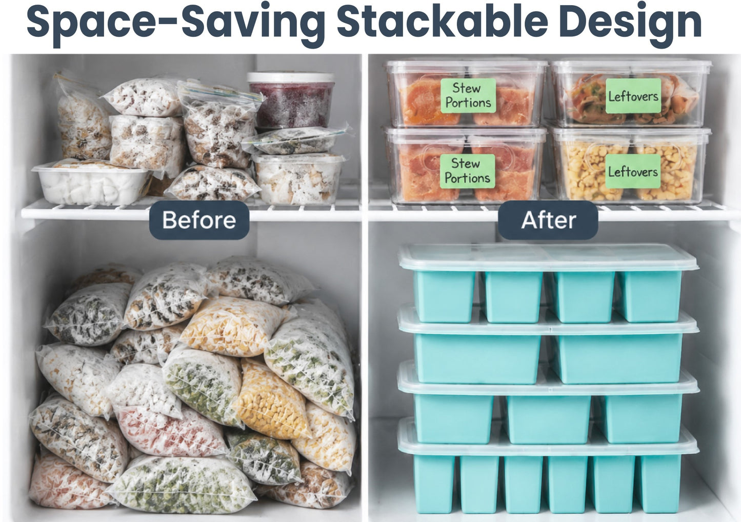 Silicone Freezer Trays Bundle with Vacuum Sealer & 30 Bags, 4 Pack Meal prep bundle, 4 silicone freezer trays, Handheld vacuum sealer, 30 reusable bags, Dishwasher safe, Stackable alloy frame