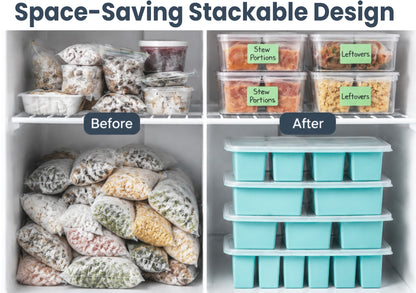 Silicone Freezer Trays Bundle with Vacuum Sealer & 30 Bags, 4 Pack Meal prep bundle, 4 silicone freezer trays, Handheld vacuum sealer, 30 reusable bags, Dishwasher safe, Stackable alloy frame