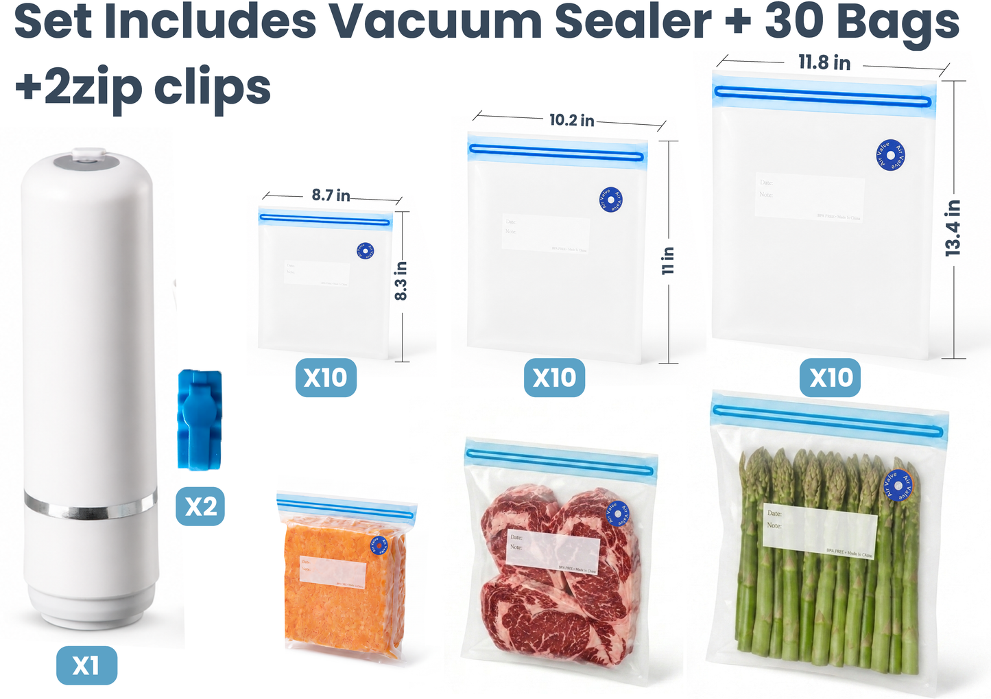 Silicone Freezer Trays Bundle with Vacuum Sealer & 30 Bags, 4 Pack Meal prep bundle, 4 silicone freezer trays, Handheld vacuum sealer, 30 reusable bags, Dishwasher safe, Stackable alloy frame