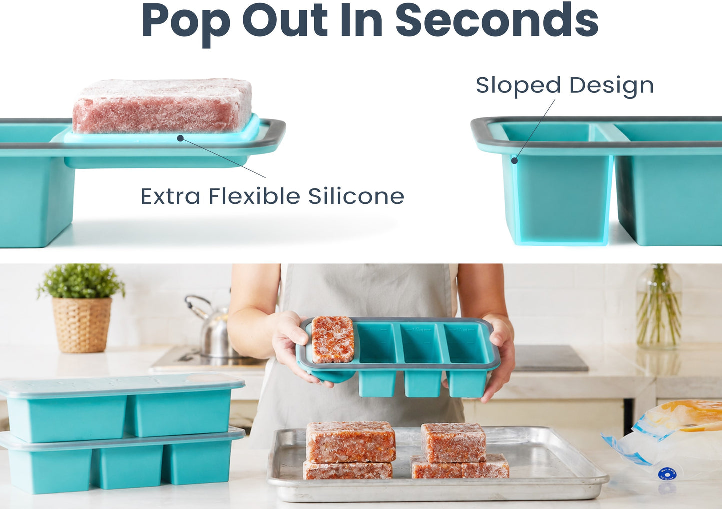 Silicone Freezer Trays with Lids, 0.6, 1, 1.4 & 2 Cup, 4-Pack Food Grade Silicone, BPA-Free, 4 Size Portion Trays with Reinforced Alloy Frame, Stackable & Dishwasher Safe