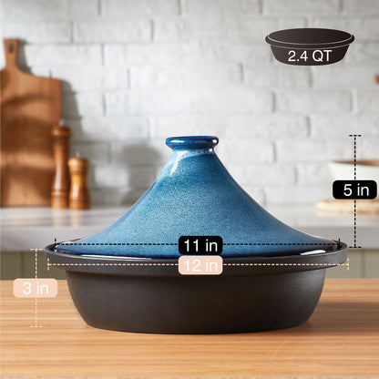 JoDeVi 2.4 QT Moroccan Tagine Pot, Enameled Cast‑Iron Base, Induction & Oven‑Safe, Even‑Heat Cooking, Blue