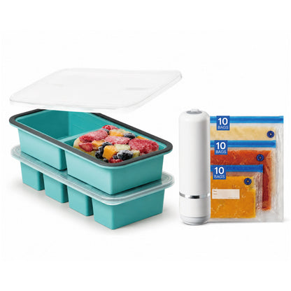 Silicone Freezer Trays Bundle with Vacuum Sealer & 30 Bags, 4 Pack Meal prep bundle, 4 silicone freezer trays, Handheld vacuum sealer, 30 reusable bags, Dishwasher safe, Stackable alloy frame