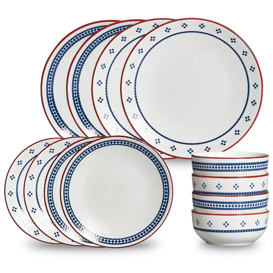 12-Piece Stoneware Dinnerware Set for 4, Geometric Vintage Plates & Bowls, Scratch-resistant Dishwasher & Microwave Safe Dishware, Modern Tableware Service for Everyday Use or Entertaining
