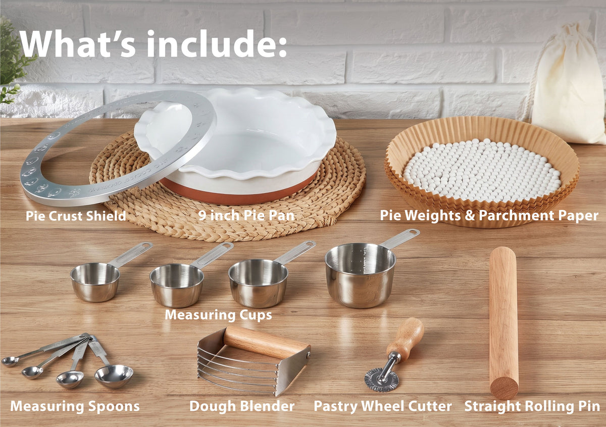 9 Inch Ceramic Pie Dish 9-Piece Baking Set Complete Pie Making Tools, Prevents Crust Bubbling & Shrinking, Ideal Baker Gift, Perfect for Apple Pie, Quiche & Pot Pie