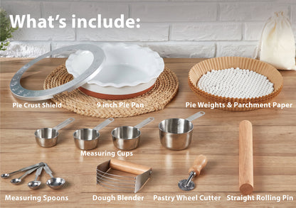 9 Inch Ceramic Pie Dish 9-Piece Baking Set Complete Pie Making Tools, Prevents Crust Bubbling & Shrinking, Ideal Baker Gift, Perfect for Apple Pie, Quiche & Pot Pie