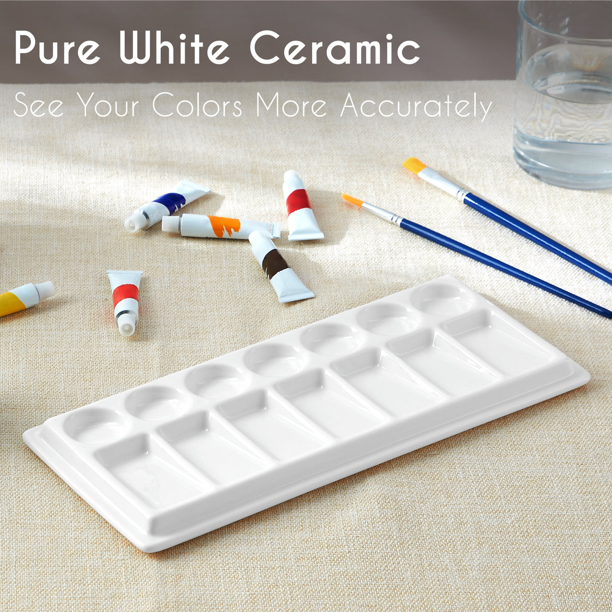 JODEVI Rectangular Ceramic Paint Palette with Lid, 14-Well PorcelainWatercolor Mixing Tray for Acrylic, Oil & Gouache, Large Artist WatercolorPalette with Plastic Cover