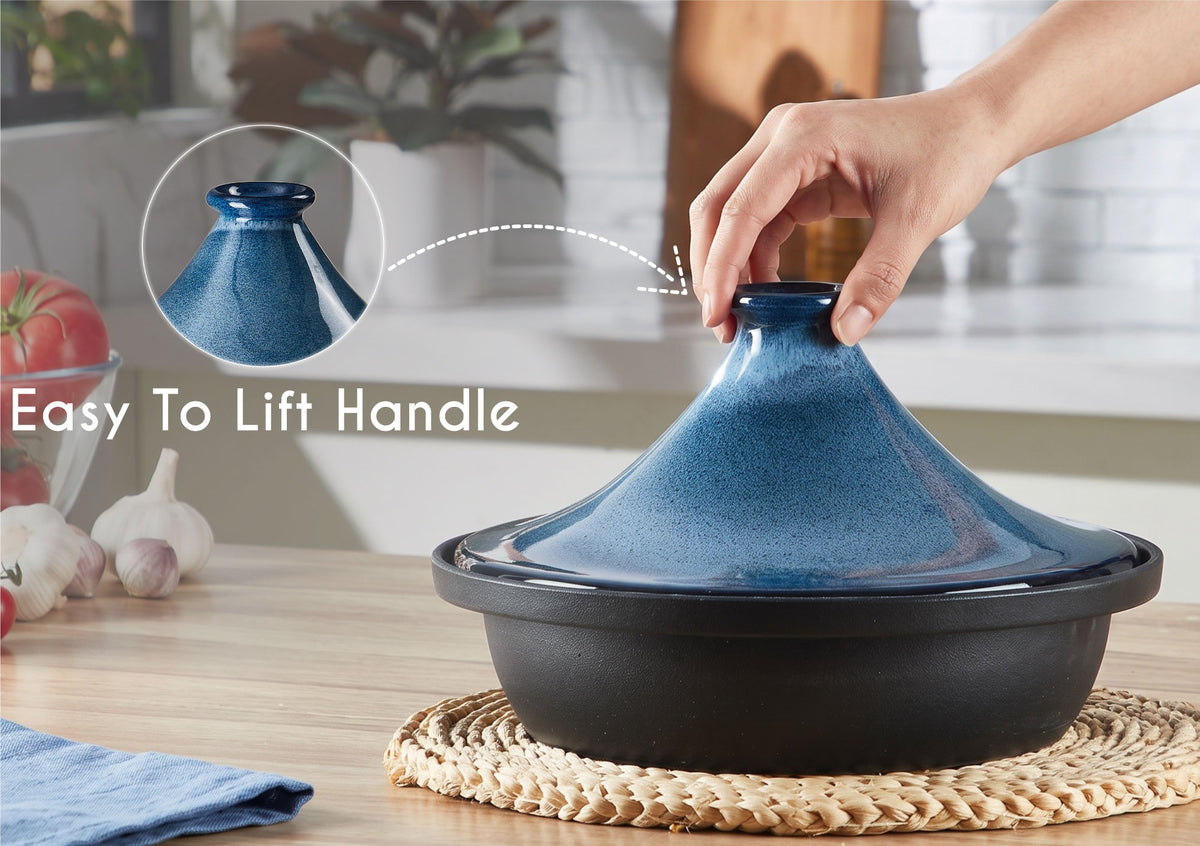 JoDeVi 2.4 QT Moroccan Tagine Pot, Enameled Cast‑Iron Base, Induction & Oven‑Safe, Even‑Heat Cooking, Blue