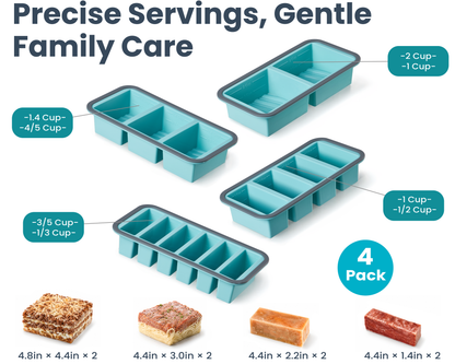 Silicone Freezer Trays with Lids, 0.6, 1, 1.4 & 2 Cup, 4-Pack Food Grade Silicone, BPA-Free, 4 Size Portion Trays with Reinforced Alloy Frame, Stackable & Dishwasher Safe