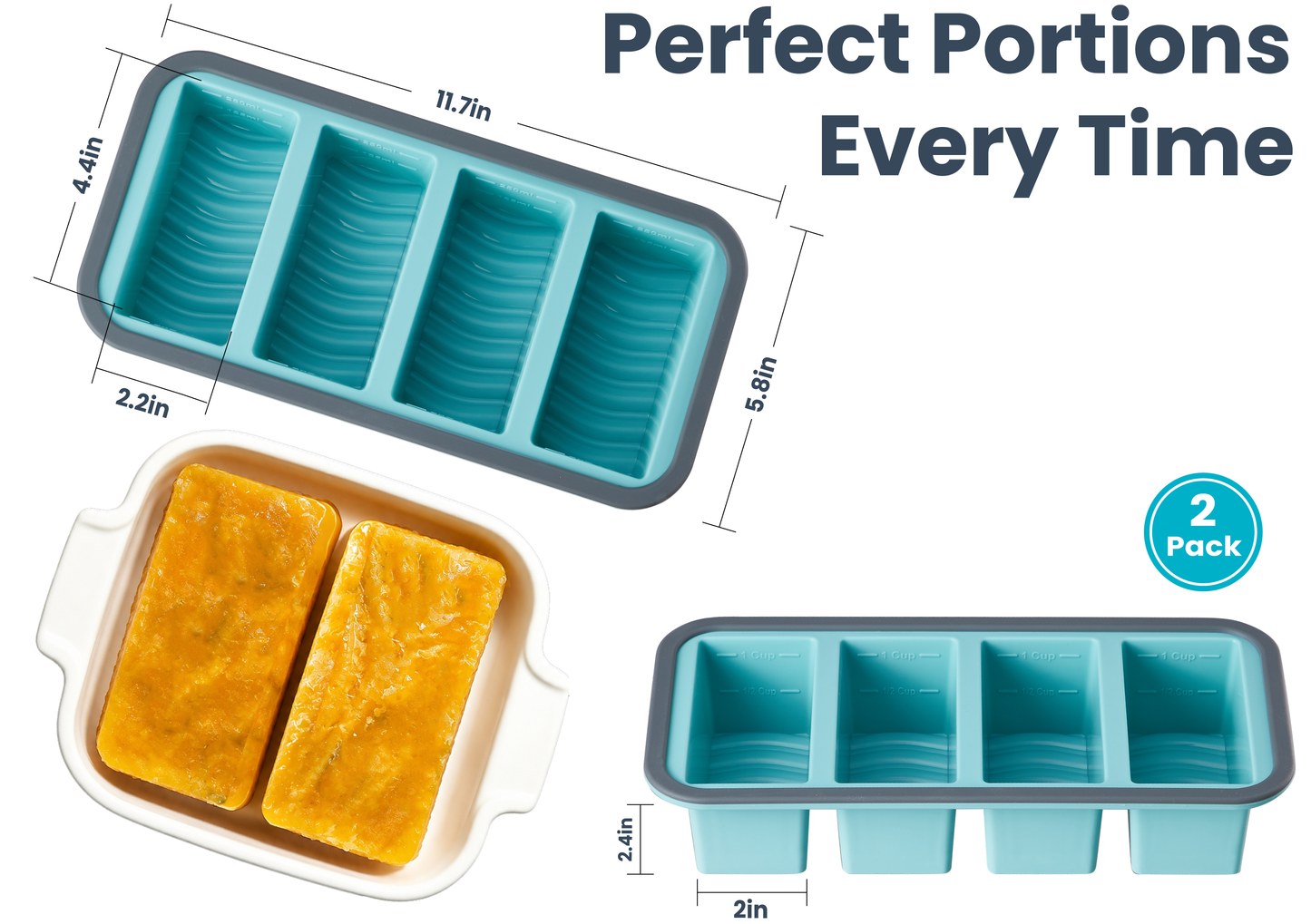 2 Cup Silicone Freezer Trays with Lid, Meal Prep Containers-2-Pack Food Grade Silicone, BPA-free, Food Freezer Mold for Soup, Stew, Sauce, Leftovers, Reinforced Alloy Frame, Dishwasher Safe