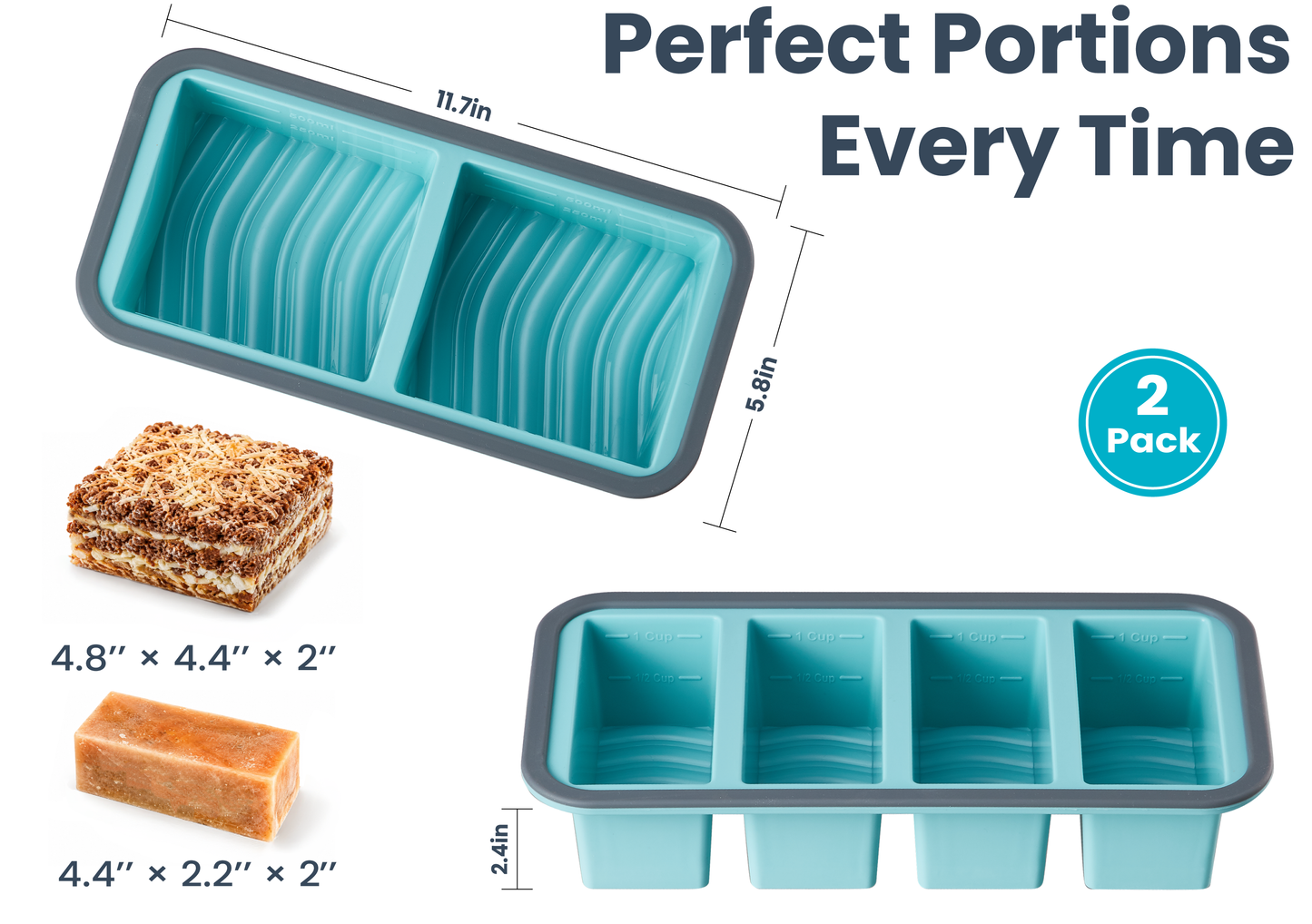 Silicone Freezer Trays with Lids, 0.6, 1, 1.4 & 2 Cup, 4-Pack Food Grade Silicone, BPA-Free, 4 Size Portion Trays with Reinforced Alloy Frame, Stackable & Dishwasher Safe