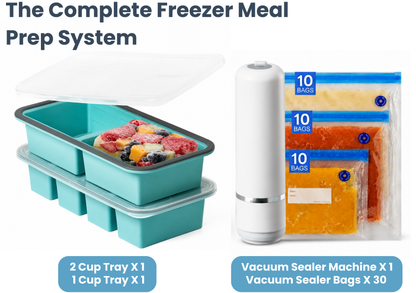 Silicone Freezer Trays Bundle with Vacuum Sealer & 30 Bags, 4 Pack Meal prep bundle, 4 silicone freezer trays, Handheld vacuum sealer, 30 reusable bags, Dishwasher safe, Stackable alloy frame