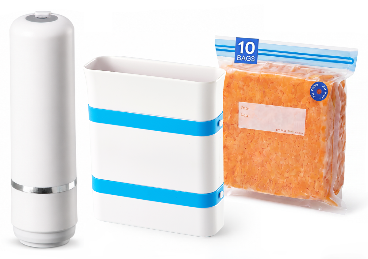 Silicone Freezer Trays Bundle with Vacuum Sealer & 30 Bags, 4 Pack Meal prep bundle, 4 silicone freezer trays, Handheld vacuum sealer, 30 reusable bags, Dishwasher safe, Stackable alloy frame