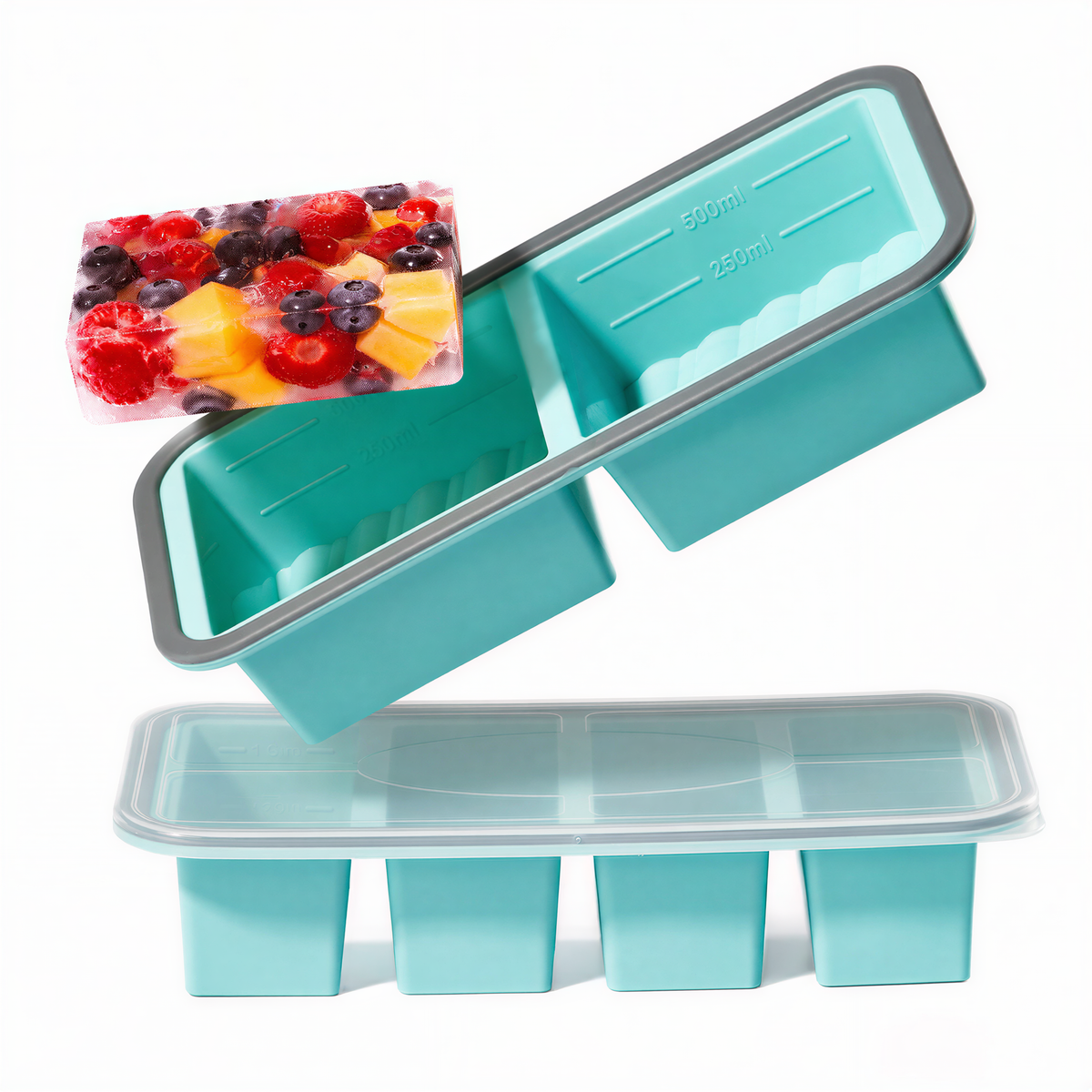 Silicone Freezer Trays with Lids, 0.6, 1, 1.4 & 2 Cup, 4-Pack Food Grade Silicone, BPA-Free, 4 Size Portion Trays with Reinforced Alloy Frame, Stackable & Dishwasher Safe