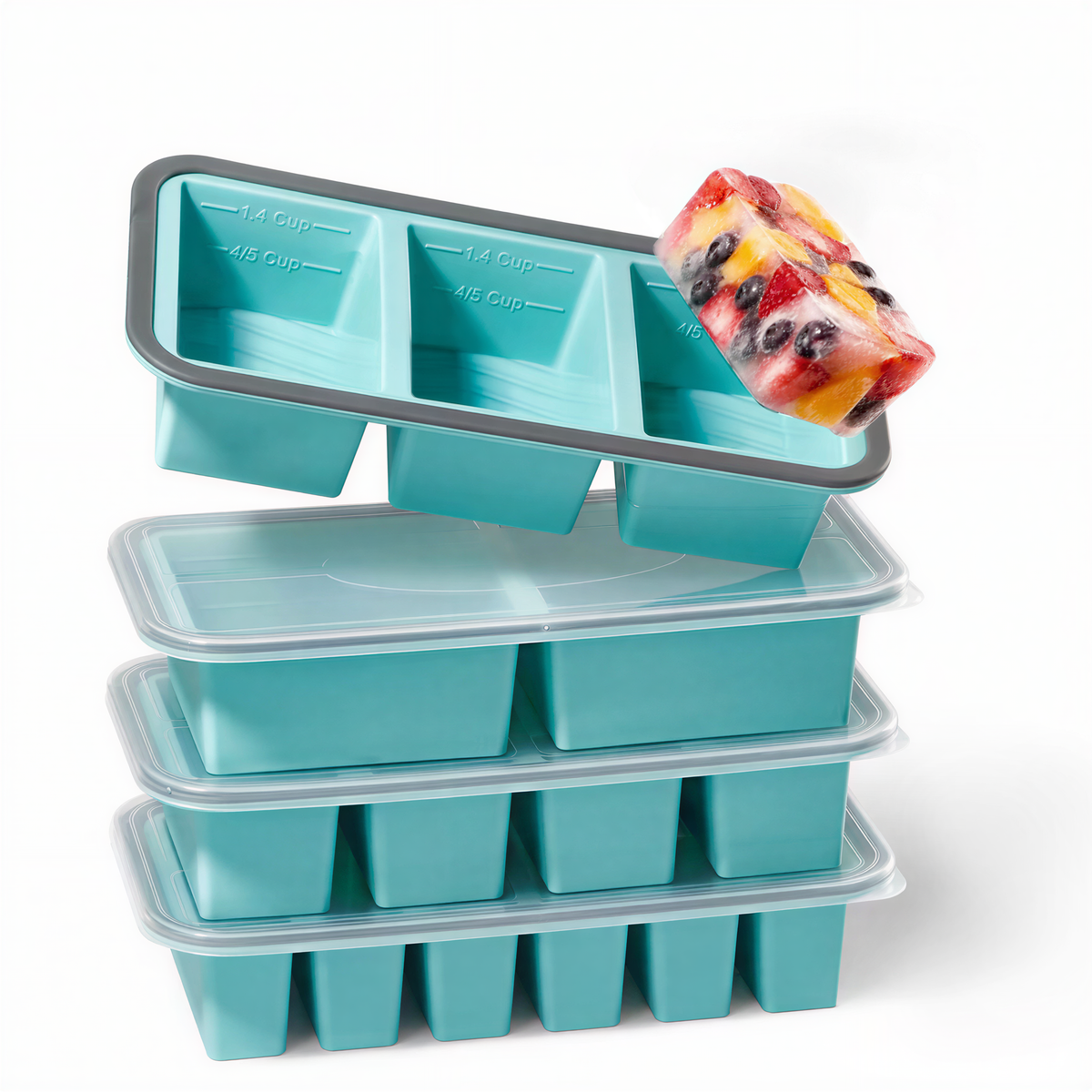 Silicone Freezer Trays with Lids, 0.6, 1, 1.4 & 2 Cup, 4-Pack Food Grade Silicone, BPA-Free, 4 Size Portion Trays with Reinforced Alloy Frame, Stackable & Dishwasher Safe