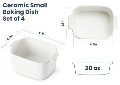 6'' x 5'' Small Baking Dishes, Set of 4 Mini Ceramic Baking Pans | Fits JoDeVi & most 2-cup freezer tray portions, Lead-free ceramic, Meal prep friendly, Oven microwave air fryer safe