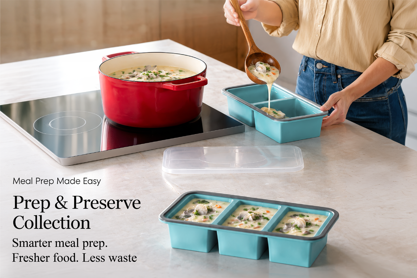 Silicone Freezer Trays with Lids, 0.6, 1, 1.4 & 2 Cup, 4-Pack Food Grade Silicone, BPA-Free, 4 Size Portion Trays with Reinforced Alloy Frame, Stackable & Dishwasher Safe