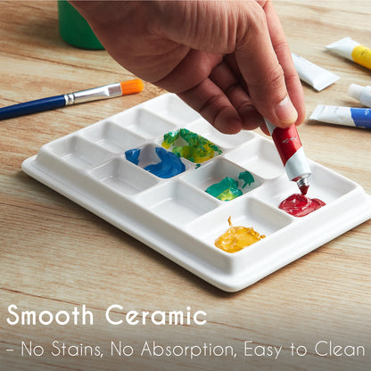JODEVI Rectangular Ceramic Paint Palette with Lid, 14-Well PorcelainWatercolor Mixing Tray for Acrylic, Oil & Gouache, Large Artist WatercolorPalette with Plastic Cover