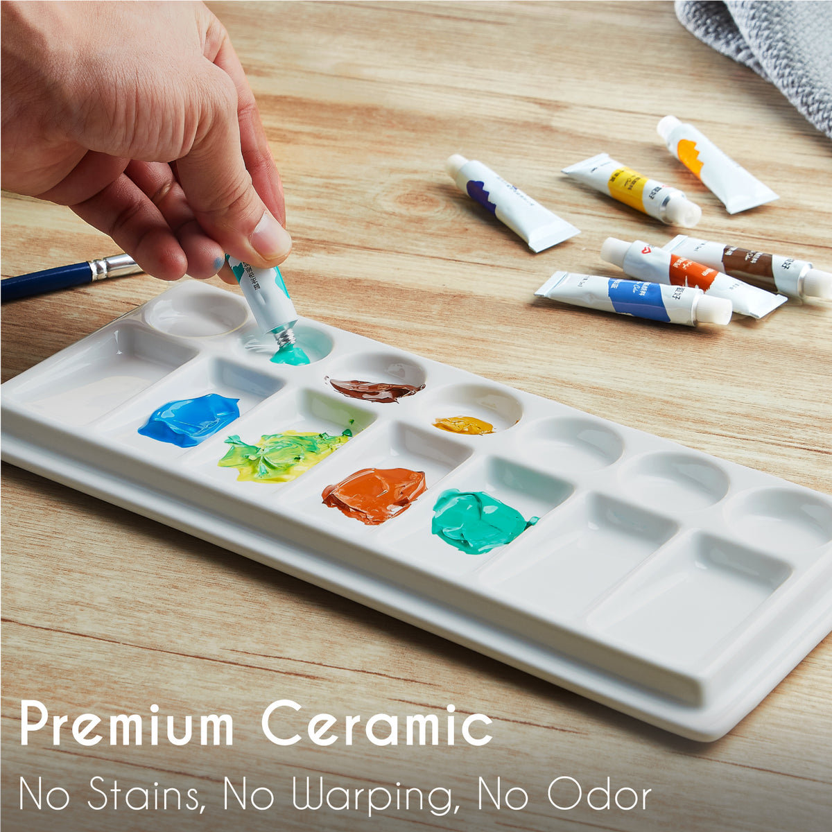 JODEVI Rectangular Ceramic Paint Palette with Lid, 14-Well PorcelainWatercolor Mixing Tray for Acrylic, Oil & Gouache, Large Artist WatercolorPalette with Plastic Cover