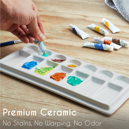 JODEVI Rectangular Ceramic Paint Palette with Lid, 14-Well PorcelainWatercolor Mixing Tray for Acrylic, Oil & Gouache, Large Artist WatercolorPalette with Plastic Cover