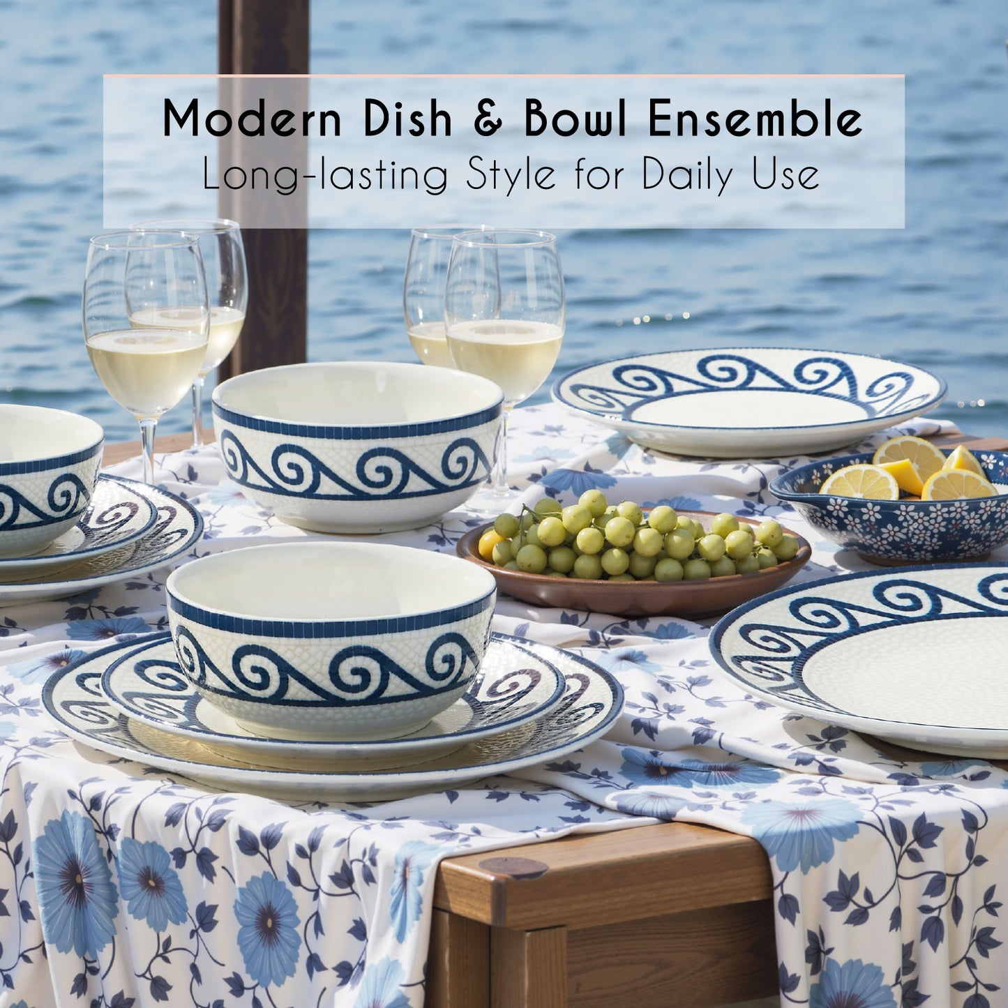12-Piece Dinnerware Set for 4, Stoneware Kitchen Plates & Bowls Set, Coastal Dinnerware Sets, Microwave & Dishwasher Safe Scratch Resistant, Vintage Dishware Set for Everyday Use & Family Meals