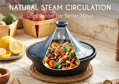 JoDeVi 2.4 QT Moroccan Tagine Pot, Enameled Cast‑Iron Base, Induction & Oven‑Safe, Even‑Heat Cooking, Blue
