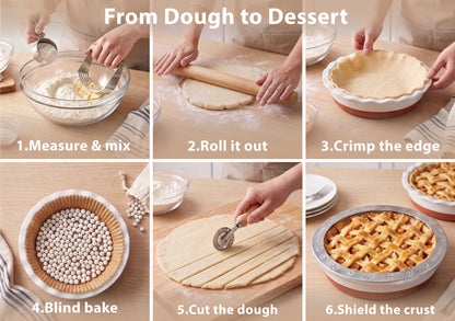 9 Inch Ceramic Pie Dish 9-Piece Baking Set Complete Pie Making Tools, Prevents Crust Bubbling & Shrinking, Ideal Baker Gift, Perfect for Apple Pie, Quiche & Pot Pie