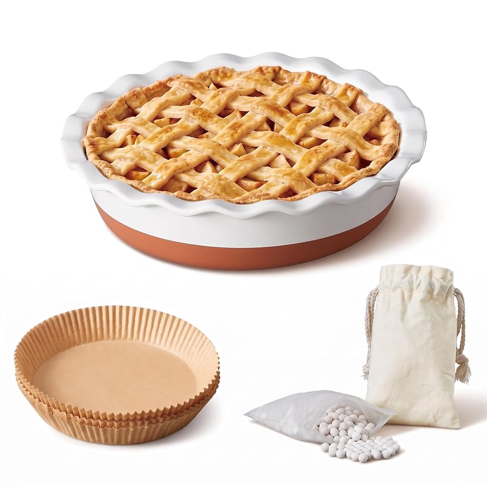 9 Inch Ceramic Pie Dish 9-Piece Baking Set Complete Pie Making Tools, Prevents Crust Bubbling & Shrinking, Ideal Baker Gift, Perfect for Apple Pie, Quiche & Pot Pie