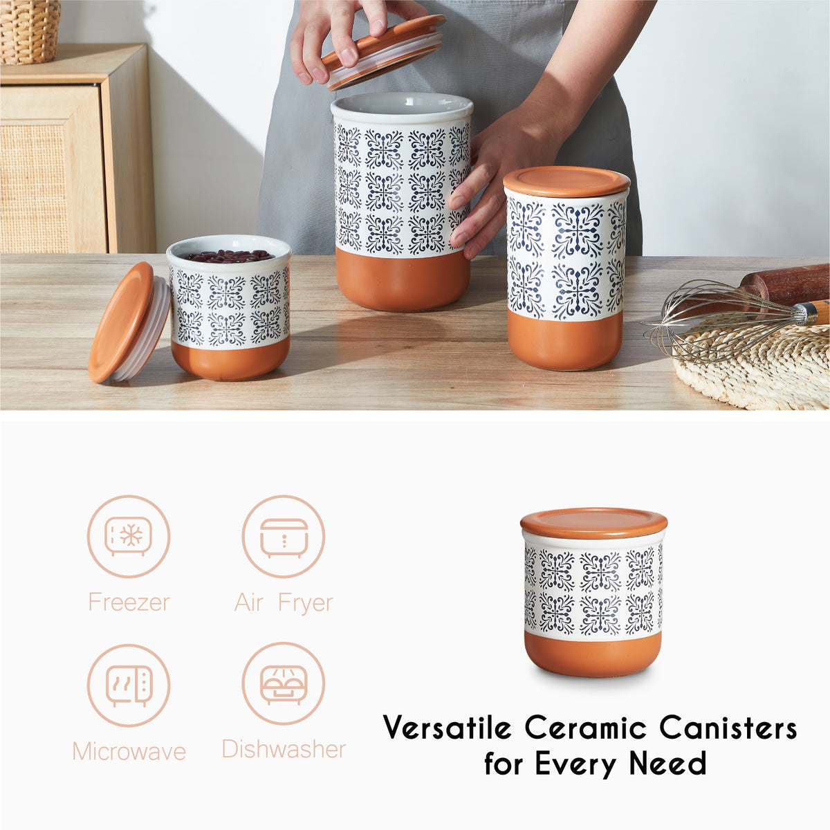 Canisters Sets for Kitchen Counter Ceramic Food Storage Jars with Airtight Lids, Sugar and Flour Containers Set of 3 - for Coffee, Tea, Spice - Stylish Countertop Décor
