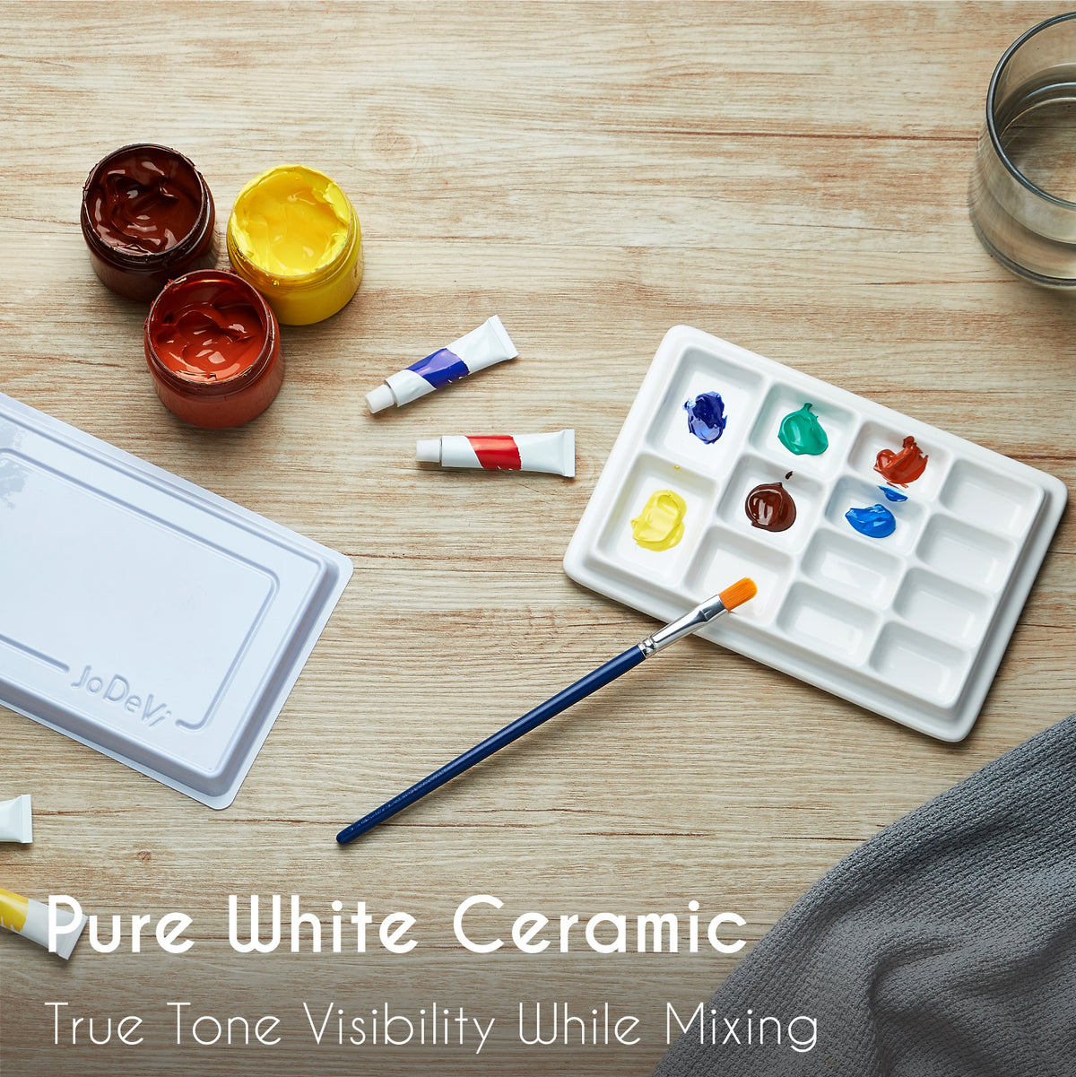 Ceramic Watercolor Palette with Lid, 9-Well Rectangular Paint Mixing Tray for Watercolor, Gouache, Acrylic & Oil Painting, White