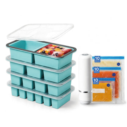 Silicone Freezer Trays Bundle with Vacuum Sealer & 30 Bags, 4 Pack Meal prep bundle, 4 silicone freezer trays, Handheld vacuum sealer, 30 reusable bags, Dishwasher safe, Stackable alloy frame