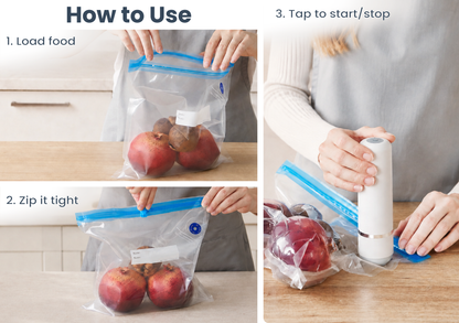 Compact Handheld Vacuum Sealer for Food with 30 Reusable Bags Lightweight 7oz, 6.2in portable size, 45 min runtime, Works with vacuum bags containers and jars, for leftovers produce meat