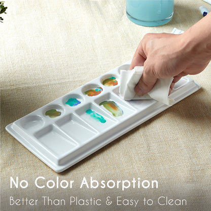 JODEVI Rectangular Ceramic Paint Palette with Lid, 14-Well PorcelainWatercolor Mixing Tray for Acrylic, Oil & Gouache, Large Artist WatercolorPalette with Plastic Cover