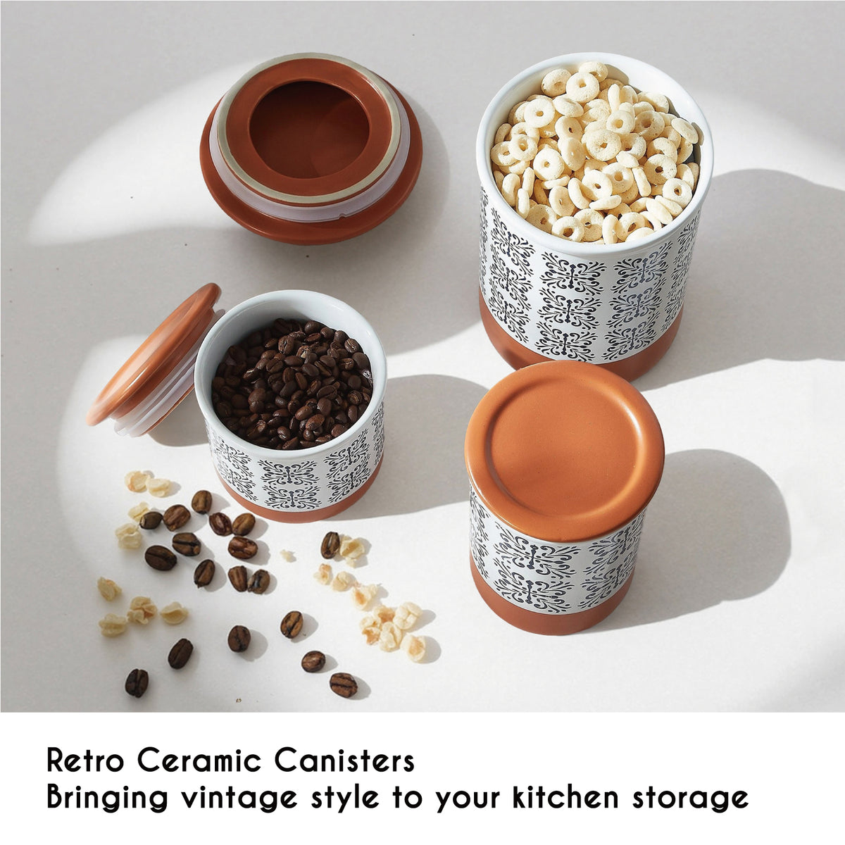 Canisters Sets for Kitchen Counter Ceramic Food Storage Jars with Airtight Lids, Sugar and Flour Containers Set of 3 - for Coffee, Tea, Spice - Stylish Countertop Décor