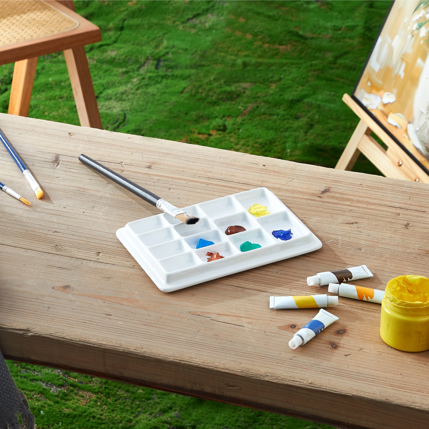 Ceramic Watercolor Palette with Lid, 9-Well Rectangular Paint Mixing Tray for Watercolor, Gouache, Acrylic & Oil Painting, White