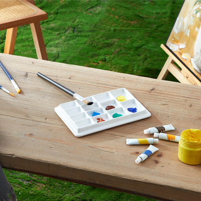 Ceramic Watercolor Palette with Lid, 9-Well Rectangular Paint Mixing Tray for Watercolor, Gouache, Acrylic & Oil Painting, White