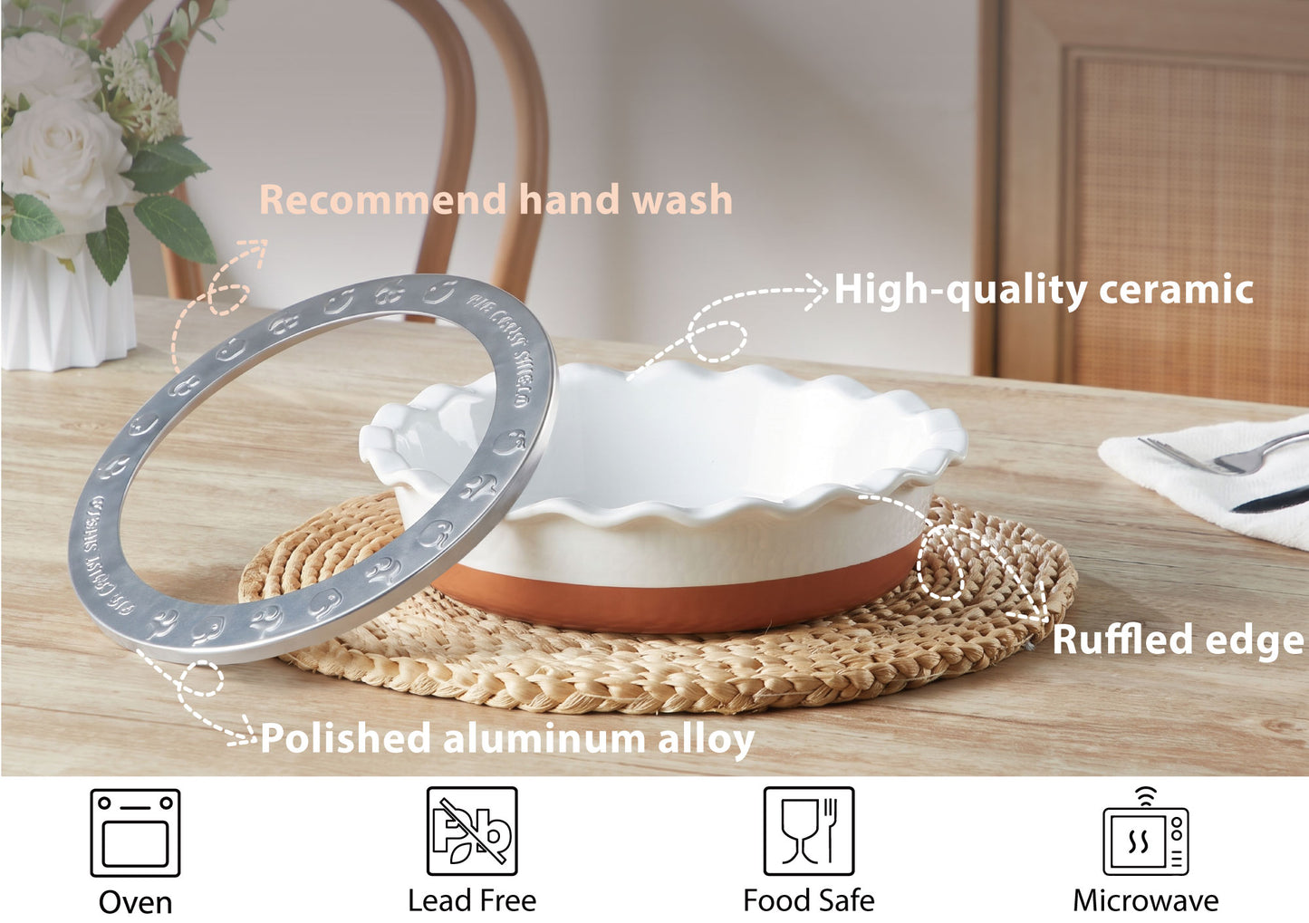 9 Inch Ceramic Pie Dish 9-Piece Baking Set Complete Pie Making Tools, Prevents Crust Bubbling & Shrinking, Ideal Baker Gift, Perfect for Apple Pie, Quiche & Pot Pie