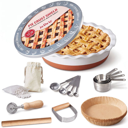 9 Inch Ceramic Pie Dish 9-Piece Baking Set Complete Pie Making Tools, Prevents Crust Bubbling & Shrinking, Ideal Baker Gift, Perfect for Apple Pie, Quiche & Pot Pie