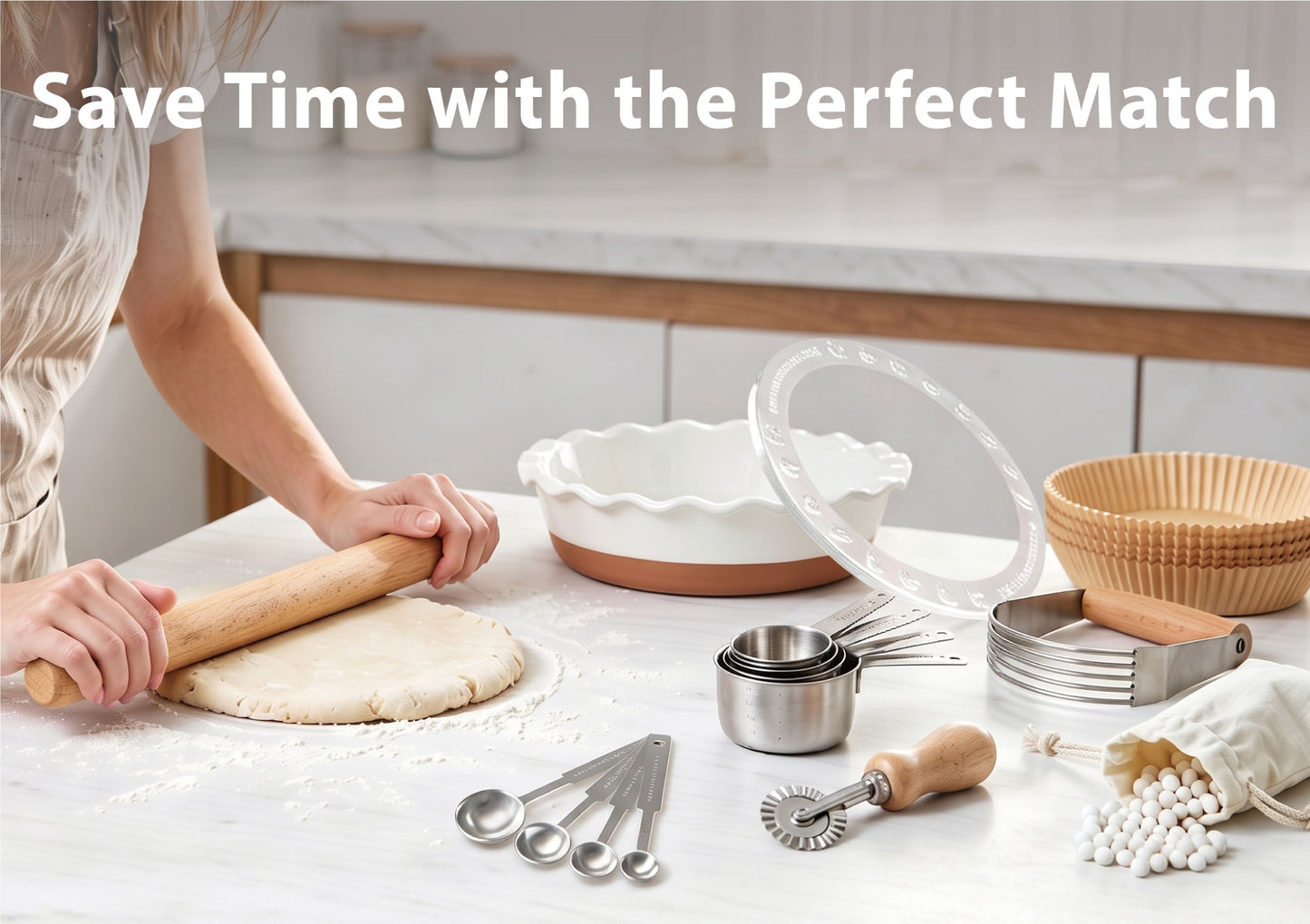 9 Inch Ceramic Pie Dish 9-Piece Baking Set Complete Pie Making Tools, Prevents Crust Bubbling & Shrinking, Ideal Baker Gift, Perfect for Apple Pie, Quiche & Pot Pie