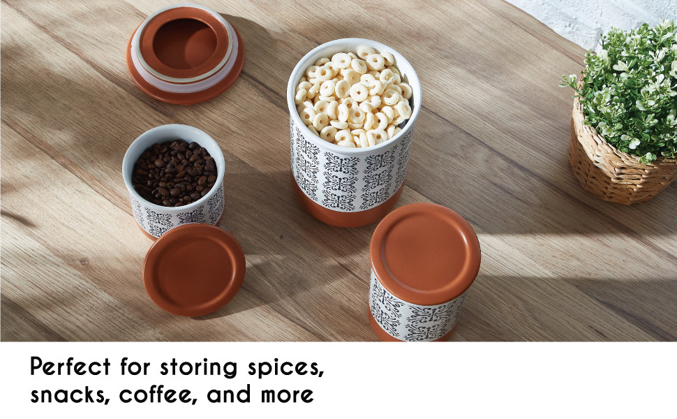 Canisters Sets for Kitchen Counter Ceramic Food Storage Jars with Airtight Lids, Sugar and Flour Containers Set of 3 - for Coffee, Tea, Spice - Stylish Countertop Décor