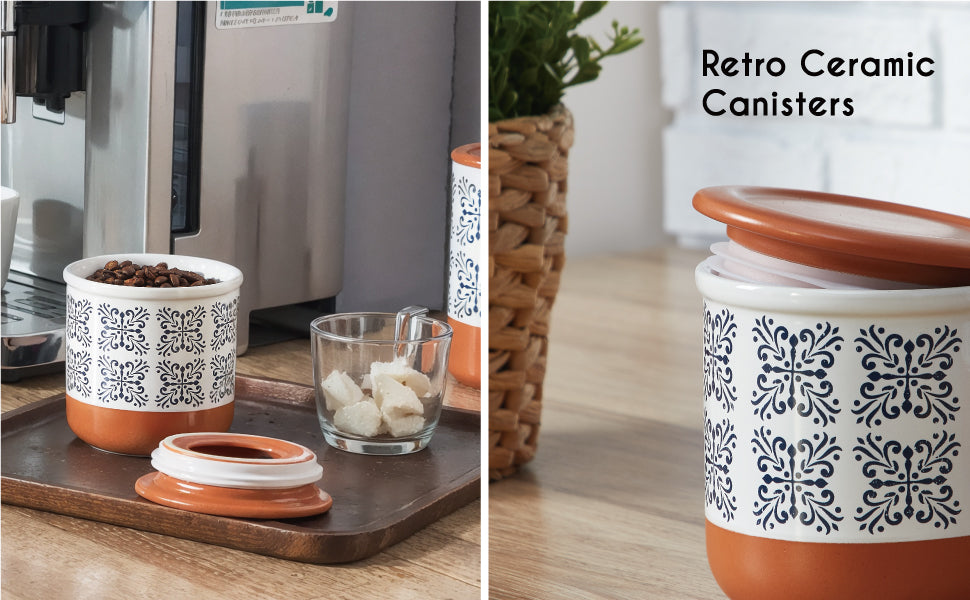 Canisters Sets for Kitchen Counter Ceramic Food Storage Jars with Airtight Lids, Sugar and Flour Containers Set of 3 - for Coffee, Tea, Spice - Stylish Countertop Décor