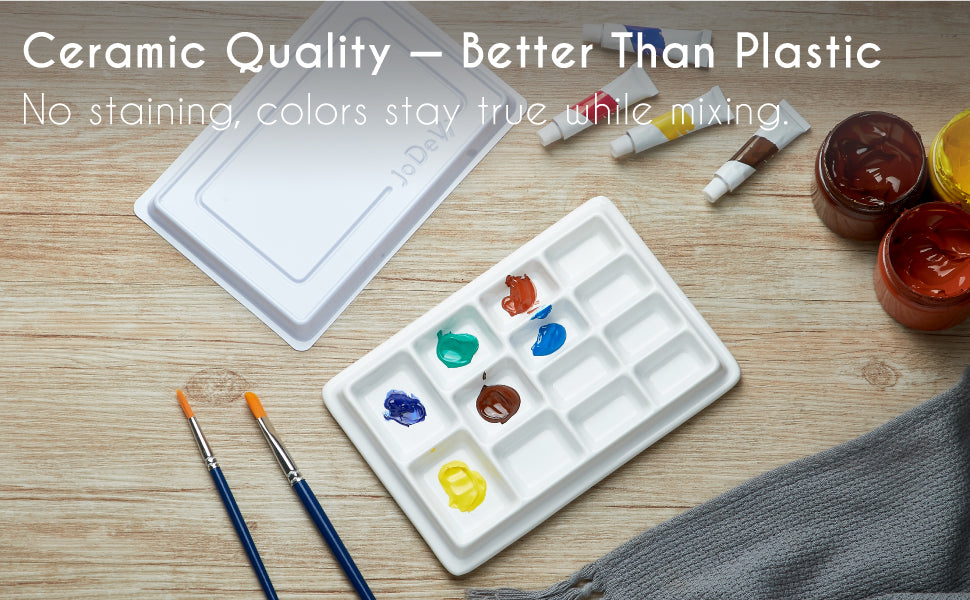 Ceramic Watercolor Palette with Lid, 9-Well Rectangular Paint Mixing Tray for Watercolor, Gouache, Acrylic & Oil Painting, White