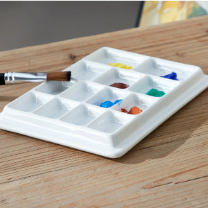 Ceramic Watercolor Palette with Lid, 9-Well Rectangular Paint Mixing Tray for Watercolor, Gouache, Acrylic & Oil Painting, White