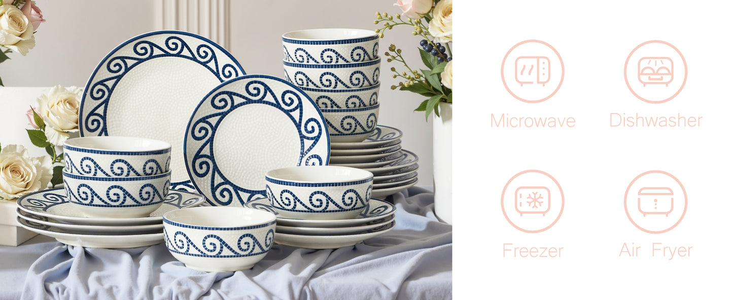 12-Piece Dinnerware Set for 4, Stoneware Kitchen Plates & Bowls Set, Coastal Dinnerware Sets, Microwave & Dishwasher Safe Scratch Resistant, Vintage Dishware Set for Everyday Use & Family Meals