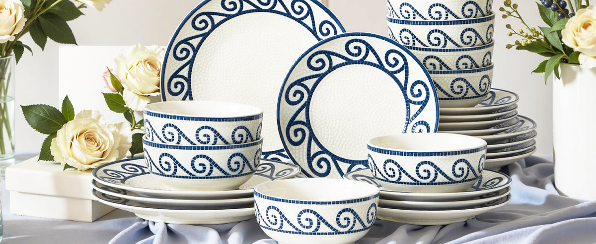12-Piece Dinnerware Set for 4, Stoneware Kitchen Plates & Bowls Set, Coastal Dinnerware Sets, Microwave & Dishwasher Safe Scratch Resistant, Vintage Dishware Set for Everyday Use & Family Meals