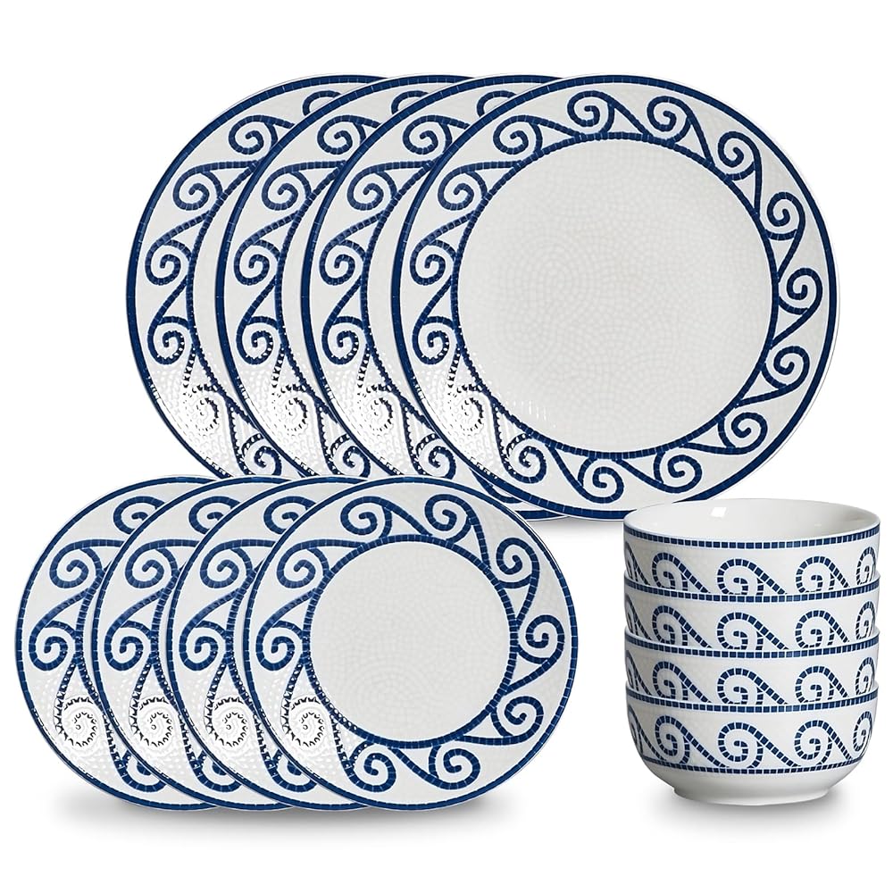 12-Piece Dinnerware Set for 4, Stoneware Kitchen Plates & Bowls Set, Coastal Dinnerware Sets, Microwave & Dishwasher Safe Scratch Resistant, Vintage Dishware Set for Everyday Use & Family Meals
