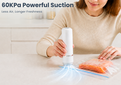 Compact Handheld Vacuum Sealer for Food with 30 Reusable Bags Lightweight 7oz, 6.2in portable size, 45 min runtime, Works with vacuum bags containers and jars, for leftovers produce meat
